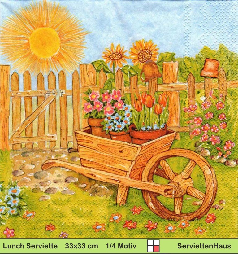Frühlingsblumen in der Holzschubkarre - 1 Lunch Serviette